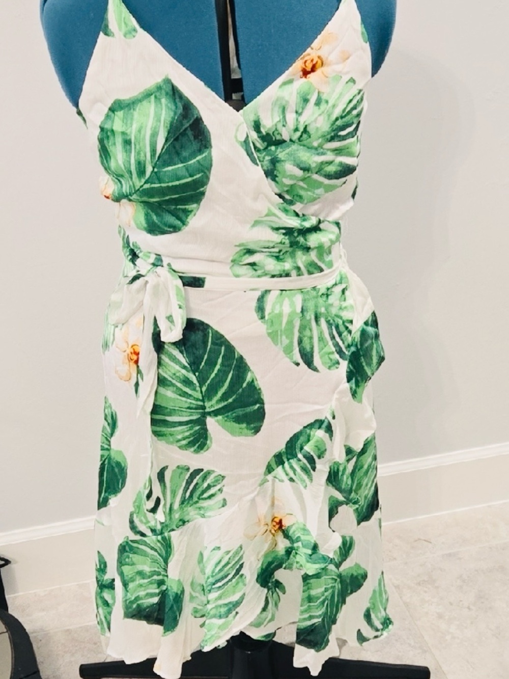 White House Black Market White Dress with Green Leaf Print